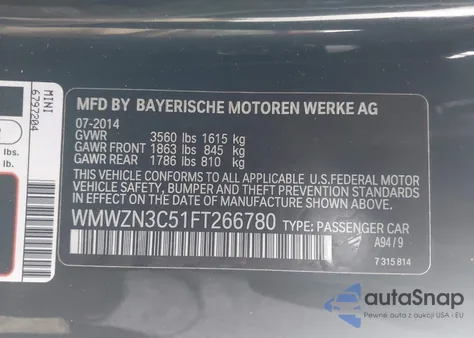 2015 Mini Convertible Cooper z USA, uszkodzony, nr VIN WMWZN3C51FT266780